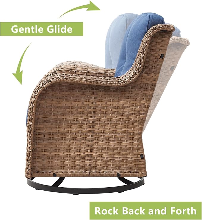 Outdoor Wicker Patio Furniture Set - 5 Piece Rattan Patio Conversation Set with 2 Rocking Swivel Chairs,2 Ottomans and 1 Sofa for Porch Deck Backyard Garden(Yellow/Blue)