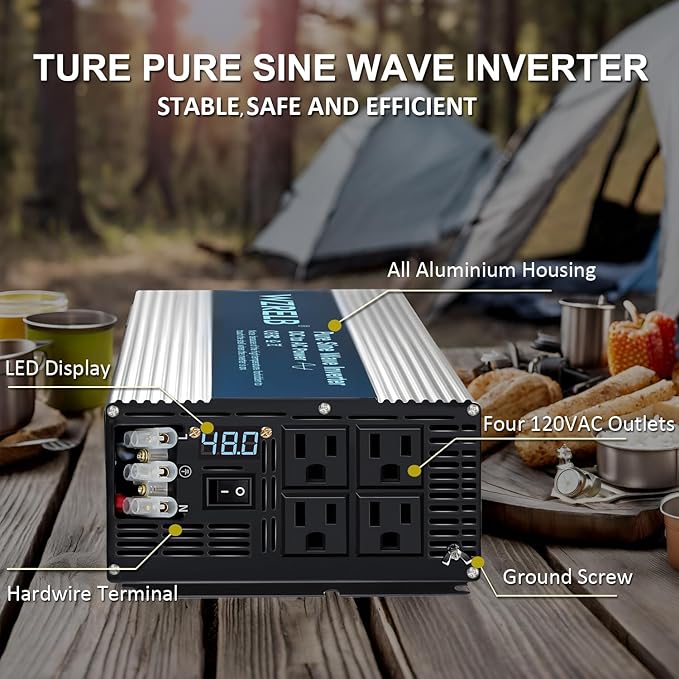 WZRELB 5000W Pure Sine Wave Inverter 48V DC to 110V 120V AC Power Converter with LED Display, Hardwire Terminal,Off-Grid Portable Power Inverter with 4 AC Outlets for Home, RV, Truck, Camping