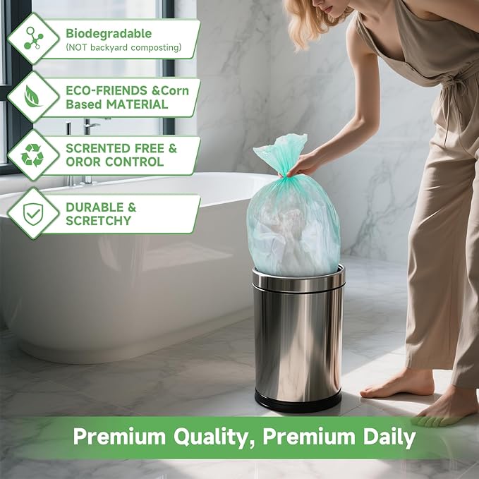 2.6 Gallon Small Trash Bags Bathroom - Green Mini Garbage Bags Biodegradable Compostable 100 Count 10 Liter Unscented Little Waste Basket Kitchen Office Car Tiny Liners Strong Thick Heihaily