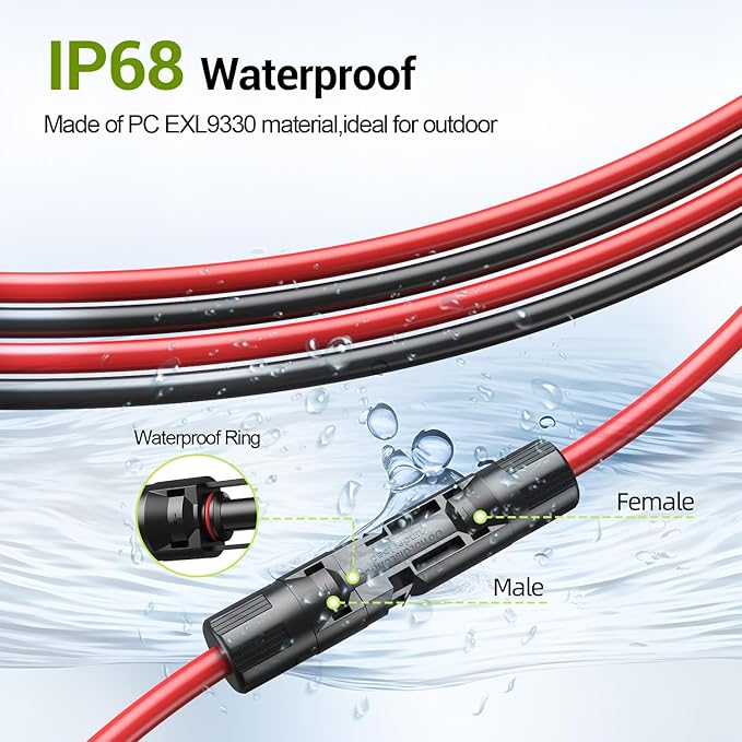 10Feet 10AWG Solar Extension Cable, 10 Gauge Solar Panel Wire with Female and Male Connectors for RV, Off-Grid Photovoltaic Systems(Black+Red)
