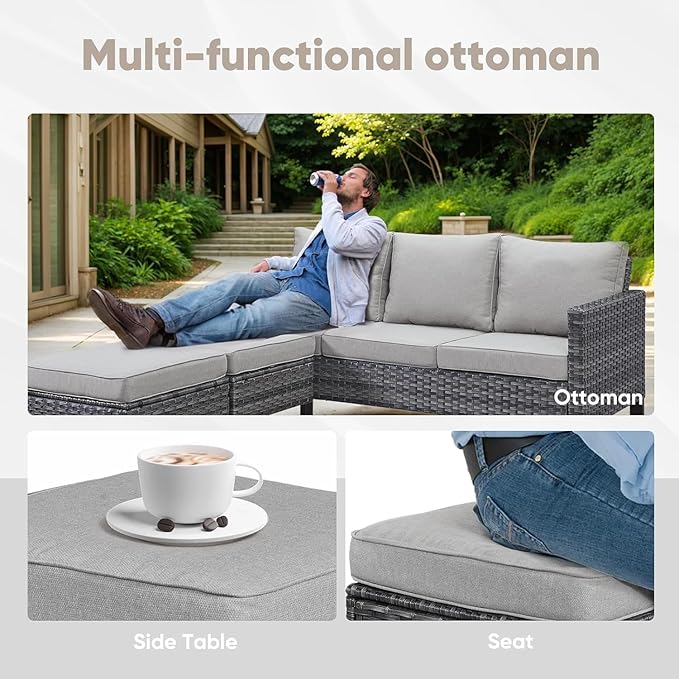 Wicker Patio Furniture Set, 6 PCS Outdoor Patio Furniture Set with Swivel Chairs, Includes 2 Swivel Patio Chairs, 1 Outdoor Couch, 1Side Table and 2 Ottoman, Grey/Grey