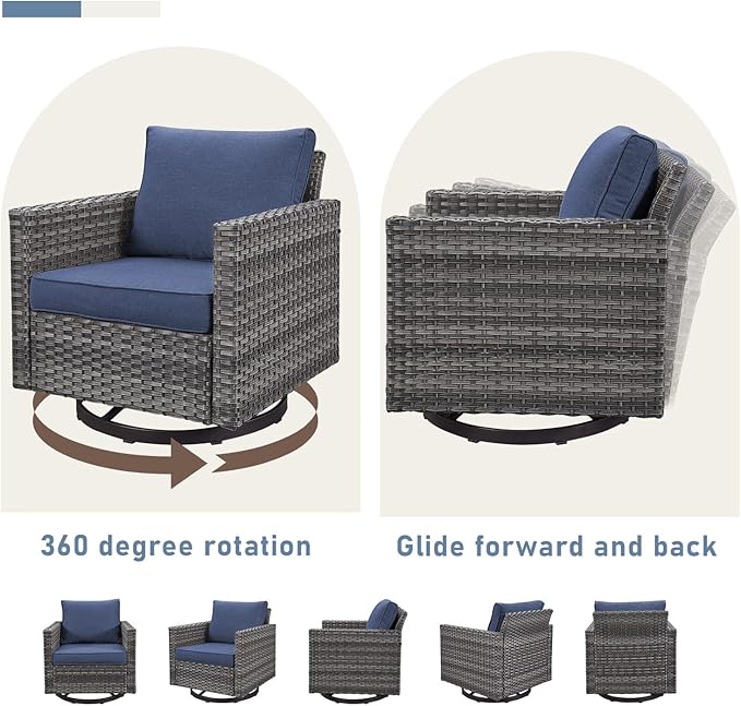 Luxury Outdoor Swivel Rocker Patio Chairs Set of 2, Swivel Patio Chairs for Porch, Yard, Deck, Poolside, Grey/Blue