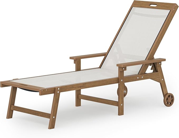 LUE BONA Chaise Lounge Chair Outdoor, HDPS and HDPE Wicker Chaise Lounger with 5 Positions, Pool Lounge Chairs with Wheels and Adjustable Backrest for Patio, Poolside, Deck, Backyard