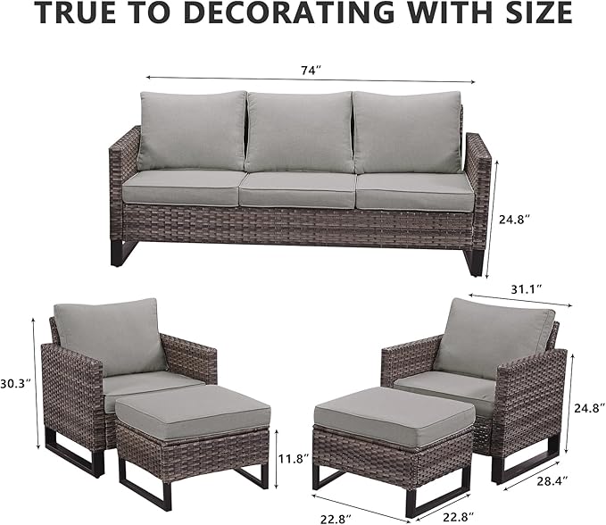 HUMMUH 5 Piece Patio Furniture Set All Weather Wicker Outdoor Sectional Sofa,High Back Patio Chairs and Ottomans for Porch,Garden,Backyard