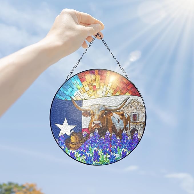 FLAGWIX Christmas Texas Gifts for Women Men - Stained Glass Window Hanging 8in - Sun Catchers Indoor Window for Garden Decor, Texas Themed Gifts for Mom Dad Friend, House Warming Gift for Wife Husband