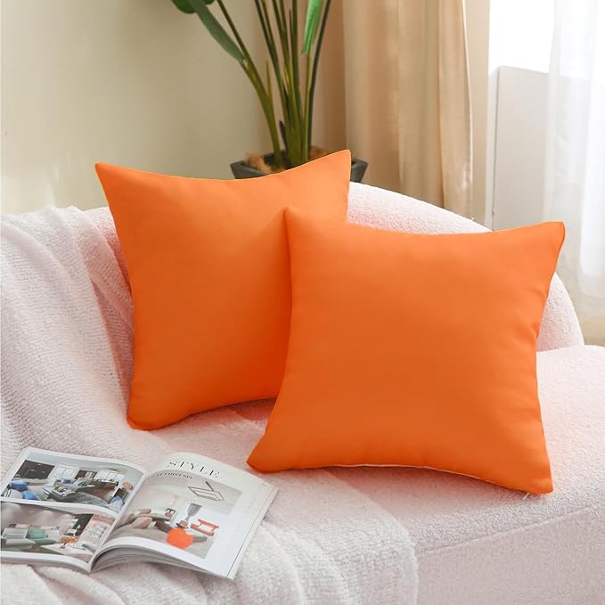 18" x 18" Throw Pillows, Outdoor Waterproof Pillows with Inserts, Square Decorative Pillows for Patio Furniture Garden Couch Sofa Home(Orange, Set of 2)