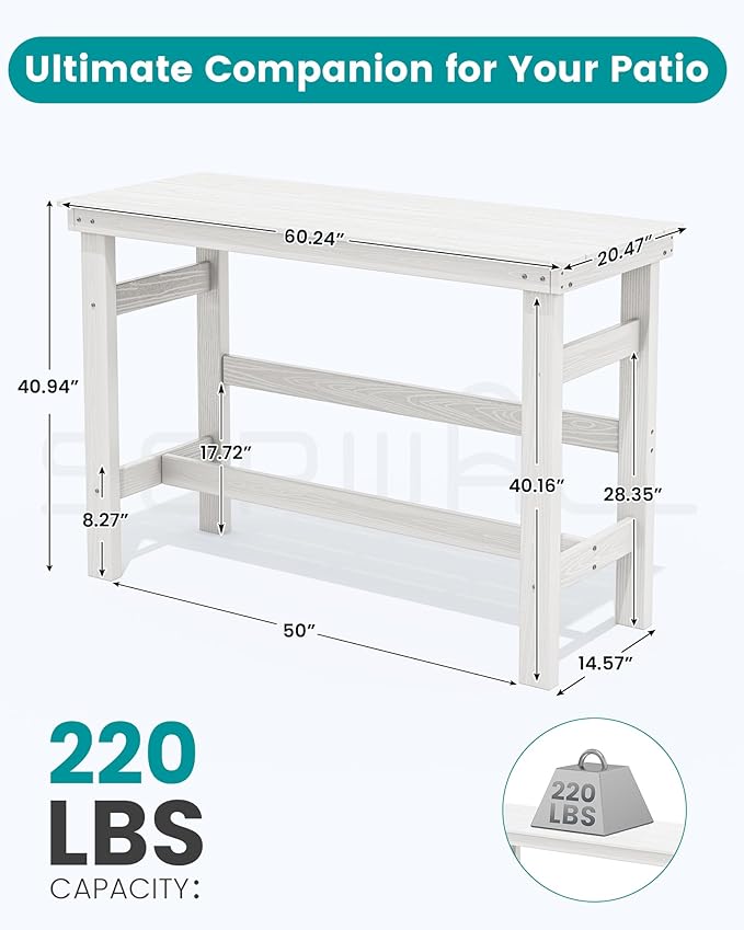 SERWALL 41" Outdoor Bar Table, HDPE Patio Bar Counter Height Table, All Weather Adirondack Outdoor Bar Height Table, Rectangle Patio Bar Table for Outside, Garden, Backyard, Balcony, Poolside, White