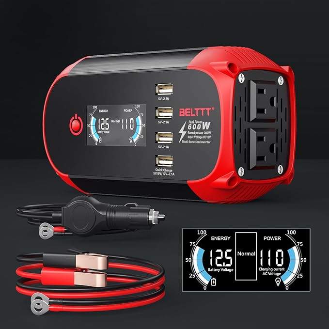 BELTTT 300W Inverter 12V to 110V, 600W Peak Car Power Inverter Dc to Ac Converter for Vehicles, Car Adapter for Plug with 2 AC Outlets, 4 USB Ports and Smart LCD Display, Car Charger for Laptop