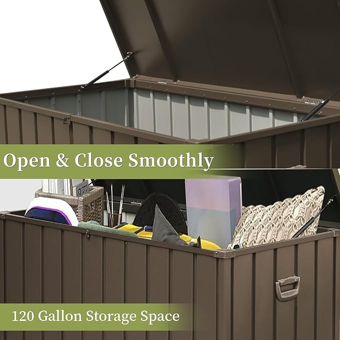 120 Gallon Outdoor Deck Box Lockable Metal Indoor Outdoor Storage Container with Side Handle, Waterproof Storage Box with Rolling Castors for Patio Garden Tools, Pools Equipment, Cushions, Brown