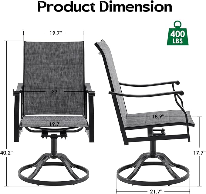 Swivel Patio Chairs Set of 6, Outdoor Patio Dining Chairs with Padded Textilene, Swivel & Rocker Metal Outdoor Dining Chairs All-Weather for Backyard, Grey Fabric with Black Frame