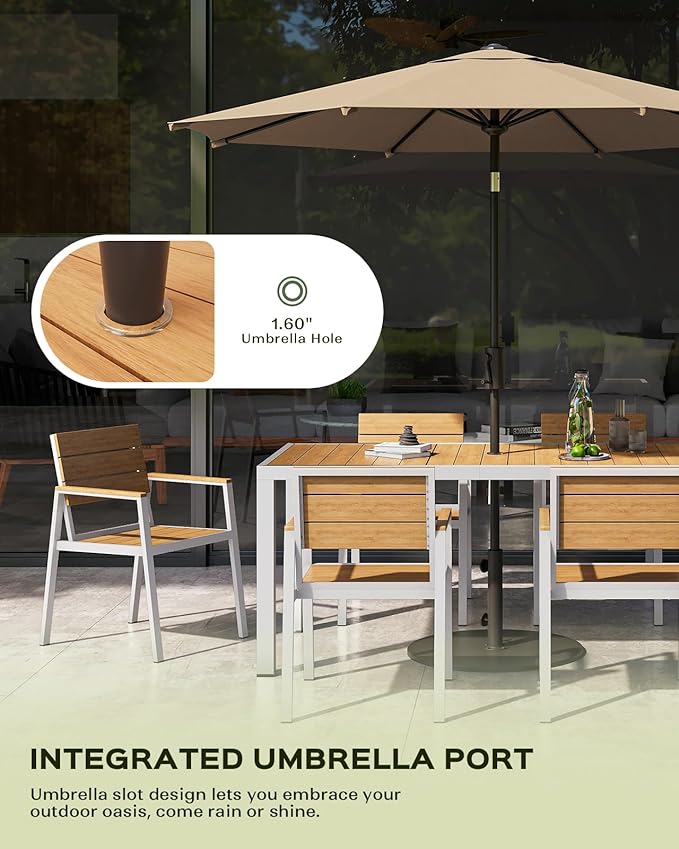 Outdoor Dining Set, Patio Table and Chairs of 4, Aluminum Outdoor Furniture Set with Umbrella Hole, HDPS Patio Dining Table Set for 4 (White-Teak)