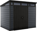 9x7 Ft All-Weather Storage Shed with Skylight,Window,Built-in Ventilation,Walls, & Lockable Double Doors for Patio Furniture Lawn Mower Tools and Bike Storage Lockable Black and Gray