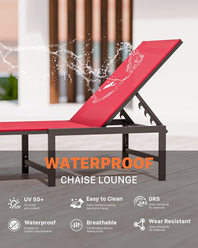 Chaise Lounge Chair Outdoor, Aluminum PatioChairs with 5 Adjustable Backrest and HeadrestPillows for Outside Beach，Red