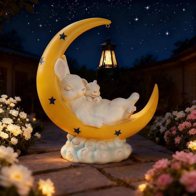 Solar Rabbit Garden Statues, Outdoor Bunny Decor, Resin Rabbit Figurine Lying on the Moon Cuddling a Baby Bunny with LED Lights for Porch Patio Lawn Yard Easter Housewarming Gardening Gifts for Mom