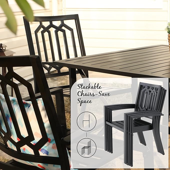 PHI VILLA 9-Piece Outdoor Dining Set, Retangualr Metal Table (60") with Umbrella Hole and 8 Stackable Dining Chairs – Perfect for Patio, Garden, Deck, Porch, and Yard, 9PCS Outdoor Dining Set Style 2