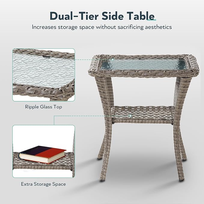 6 Piece Patio Furniture Set - Wicker Patio Conversation Set with Swivel Glider, 3-Seater Sofa, Tempered Glass Side Table and 2 Ottomans for Deck Backyard - Grey Wicker Red Cushion