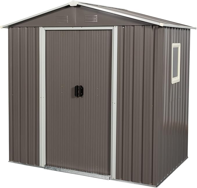 6 x 5 FT Outdoor Storage Shed, Metal Garden Shed with Floor Frame, Tool Shed Outdoor Storage with Lockable Sliding Doors & Window & Air Vents, Storage House Waterproof for Backyard, Lawn, Gray