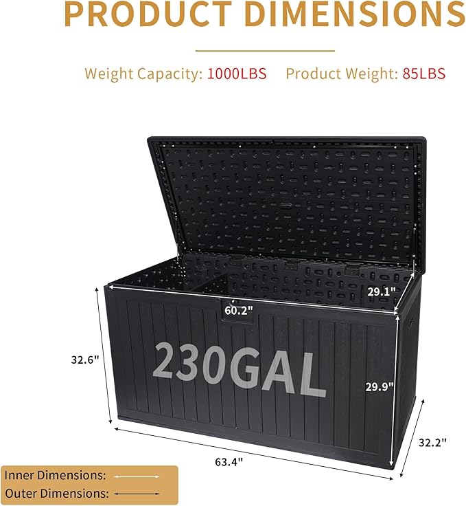 LANTRO JS 230 Gallon Deck Box Waterproof, Outdoor Storage Box Waterproof Lockable with Divider and Lifter Prevent Water Seeping into from Floor for Patio Cushions
