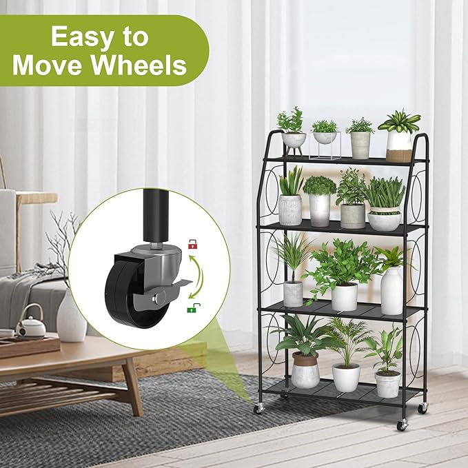 4 Tier Plant Stand with Wheels, Plant Shelf for Indoor Outdoor, Heavy Duty Metal Tall Plant Stands Holder Rack for Living Room Balcony and Garden, Black