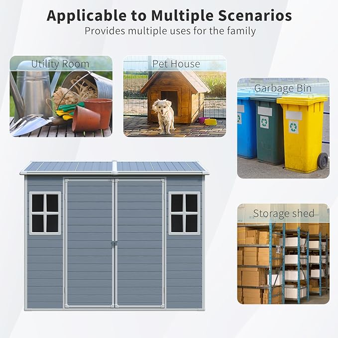 8 x 4 FT Outdoor Storage Shed, Outdoor Resin Shed with Two-Window and Double-Door, Plastic with Floor for Gargen, Patio, Yard, Lawn (Gray)