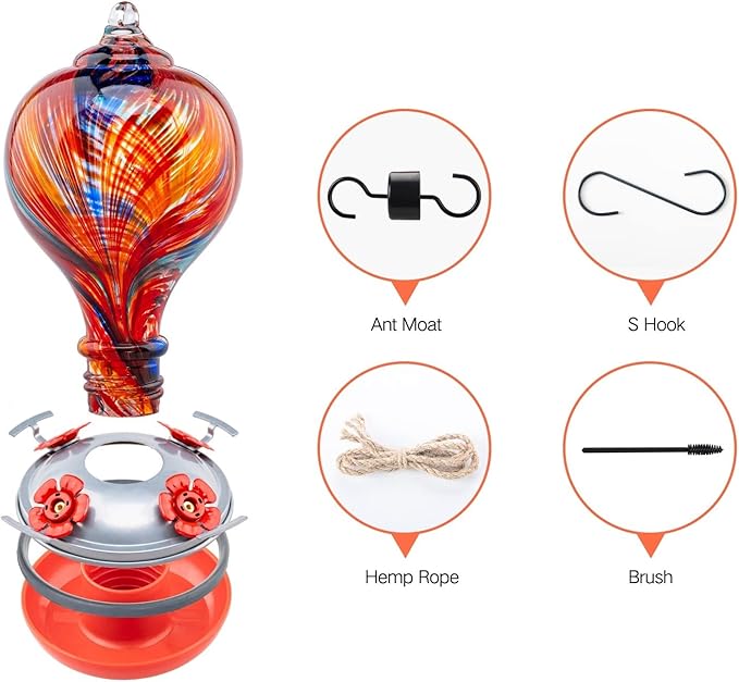 Muse Garden Hummingbird Feeders Blown Glass Hummingbird Feeder, Garden Backyard Decor, 32OZ, Mexican Stripes