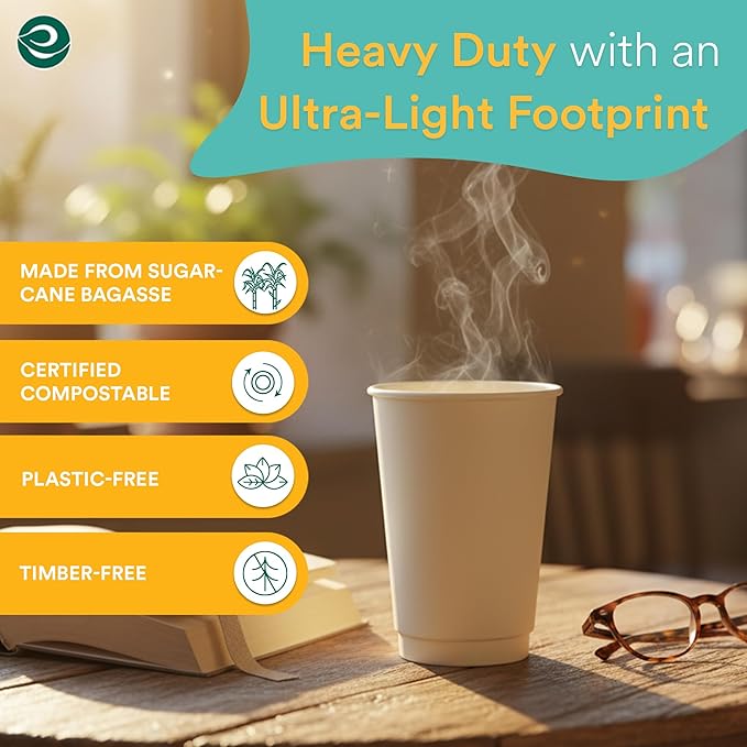 ECO SOUL 100% Compostable Plant-Based 12oz Hot Cups | (50 Count, 12 oz Hot Cups) | Disposable Bagasse Paper Cups | Eco-friendly Cups | Sturdy, Microwave & Oven Safe