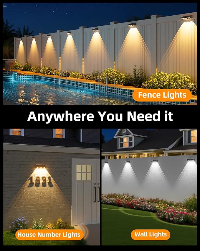 Solar Fence Lights Outdoor, 8 Pack, 9 Fixed Colors ＆ Color Changing Fence Lights Solar Powered Waterproof IP65 Dusk-to-Dawn LED Deck Lighting for Patio, Railing, Pool, Porch, Backyard, Wall
