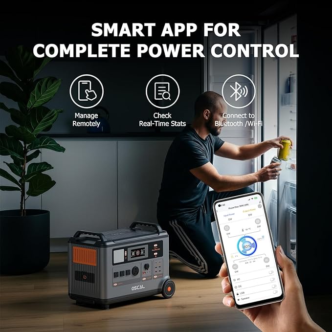 OSCAL 3600Wh Solar Generator PowerMax 3600, Solar Power Station with 4 AC Outlets (6000W Peak), 1.2H Full Charging, APP Control Emergency Power Station for Home, Camping & RVs, Battery Backup