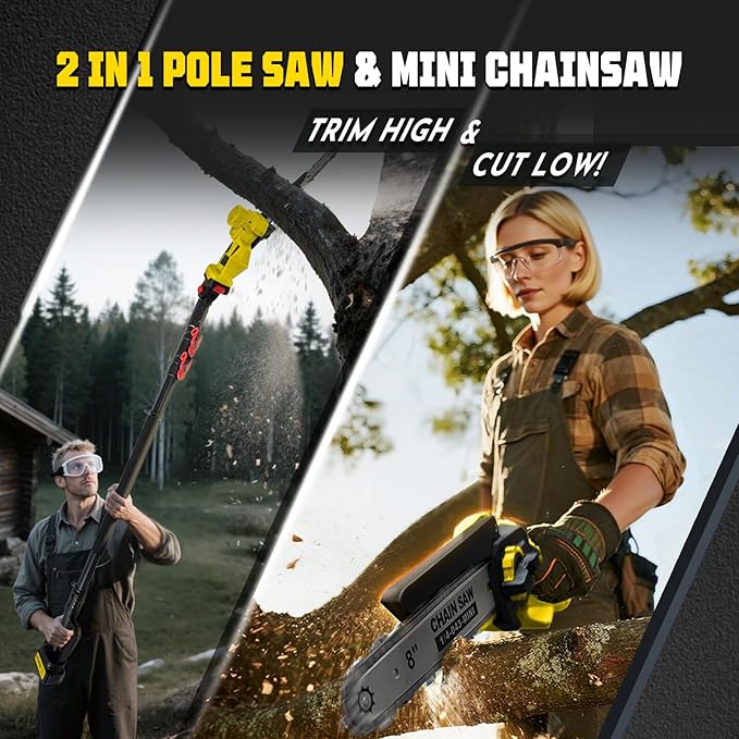 Brushless 2-IN-1 Cordless Pole Saw & Mini Chainsaw, 2× 21V 4.0Ah Batteries Powered 8 Inch Chain, 16-Foot Max Reach & Multi-Angle Electric Pole Saw for Tree Trimming,Tree Trimmer for Branch Cutting.