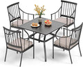 PHI VILLA 5 Piece Outdoor Dining Set with Cushion, 37” Square Metal Dining Table with Umbrella Hole & 4 Cushioned Steel Chairs for Patio, Deck, Yard