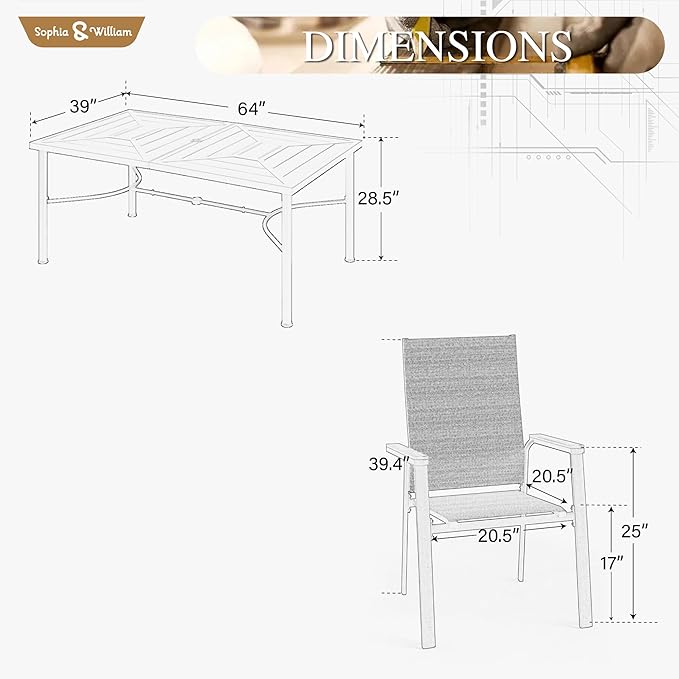 Sophia & William Outdoor Dining Set 7 Pieces, 6 x Aluminum Patio Dining Chairs and Large 64" Metal Dining Table, Space-Saving and Lightweight for Patio Lawn Garden (Blue)