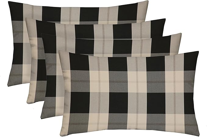 RSH DECOR: Lumbar Throw Pillows Set of 4 | 20” x 12" | All-Weather Spun Fabric | Water and Fade-Resistant | Outdoor Support Pillows for Patio Furniture | Branson Pewter Plaid