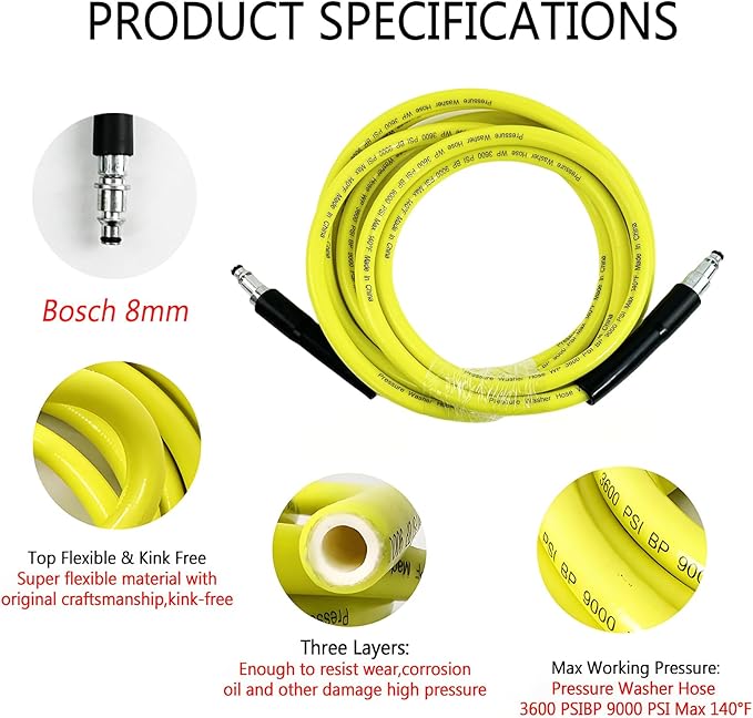 5800PSI/400Bar Ultra Flexible Pressure Washer Hose for Bosch Home Cleaning, 5M-30M High Pressure Extension Tube with Quick-Connect Adapter,(Red/Blue/Yellow/Green/Grey/Orange/Light Blue)(Yellow,64FT)