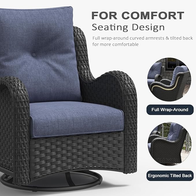 LayinSun 8 Pieces Outdoor Patio Furniture Set with Fire Pit Table, Rattan Wicker Sectional Swivel Rocker Chairs Sets with Ottomans, Swivel Glider Chair and Coffee Table