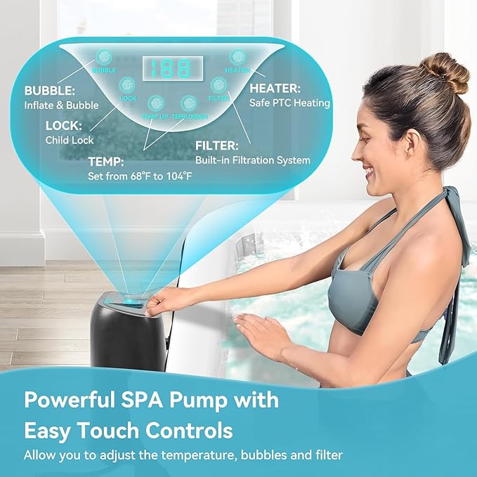 2-4 Person Inflatable Hot Tub, Large Square Portable Blow up Hot Tub, Leak-Proof PVC Outdoor Spa with 120 Air Jets, Insulated Cover and Heater Pump, 60” X 60” X 25”