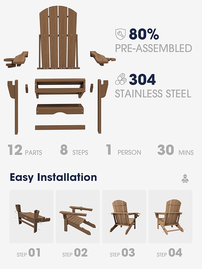 KINGYES Folding Adjustable Adirondack Chair with Ottoman & 2 Cup Holders Set of 4, HDEP Reclining Adirondack Chair with Footrest, Brown