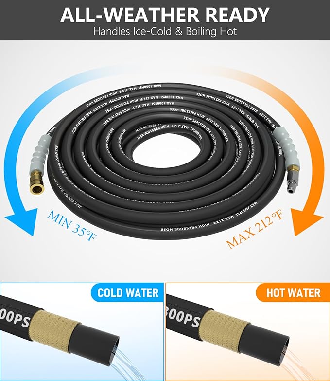 Pressure Washer Hose 50FT 4000 PSI, Kink Resistant Steel Braided Layer & NonMarking Rubber for Hot/Cold Water, High Power Washer Hose With 3/8 Inch Quick Connect & M22 Fitting, Black