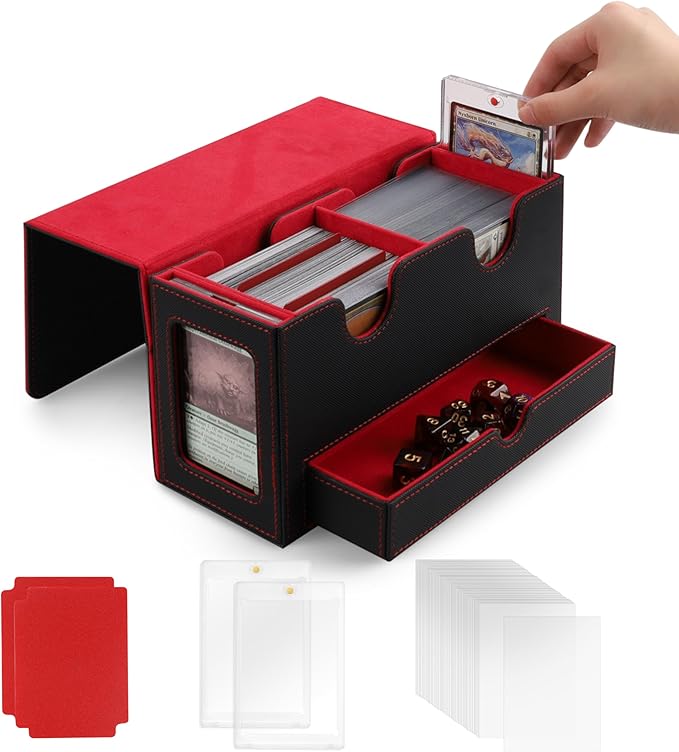 MRAUF MTG Deck Box with Double Commander Display and Dice Tray, Fits 200+ Double Sleeved Cards, Card Storage Box Plus 2 Magnetic Holders& 100Pcs Card Sleeves (Black& Red)