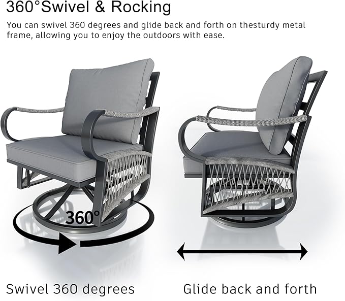 9 Pieces Patio Conversation Sets, All Weather Metal Outdoor Furniture Set, 3-Seater, 2 Swivel Rockers, 2 Single Chairs, 1 Loveseat, 1 Side Tables, 1 Coffee Table, 1 Fire Pit Table for Backyard, Gray
