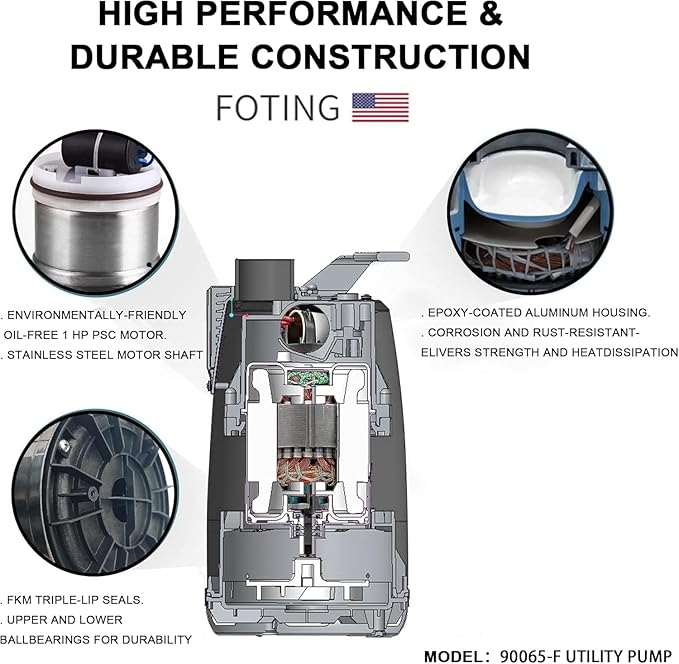 FOTING Stainless Steel Sump Pump 1HP Automatic & Manual Mode- with Float Switch,3500GPH Submersible Water Pump Utility Pump for Swimming Pool Garden Pond Basement with 25ft Cord