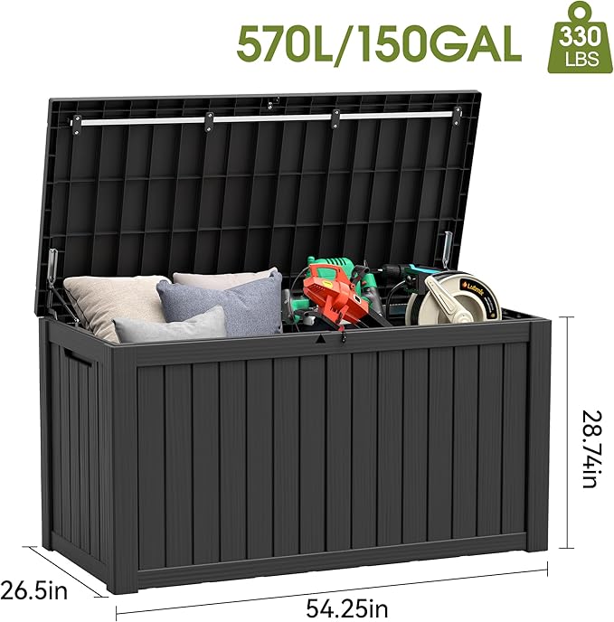 Outdoor Storage Box, Resin Deck Boxes Indoor and outdoor, Waterproof Storage Box Lockable Lid (Black, 150 Gallon)