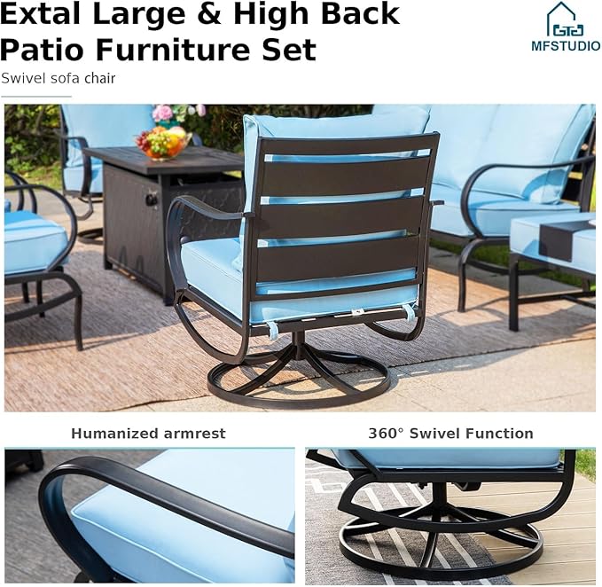 MFSTUDIO 8 Pieces Patio Furniture Sets with 45" Gas Fire Pit Table(Up to 9 Seat),Outdoor Metal Conversation Sofas with 1 x 3-Seat Sofa, 2 Single Chairs,2 Swivel Chairs and 2 Ottoman,Blue Cushion