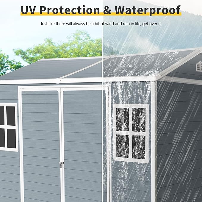 8x6 ft Resin Outdoor Storage Shed with Two-Window and Double-Door, Plastic Shed with Floor for Gargen, Patio, Yard, Lawn, Grey (1 Doors) (Grey, 8x6 ft)