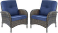 HUMMUH Outdoor Wicker Chairs Patio Dining Chairs Set of 2 with High Back and Deep Seat for Garden,Porch,Backyard,Balcony (Brown/Blue)