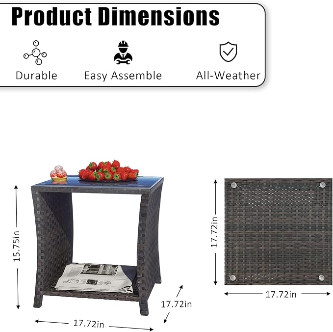 Outdoor Rattan Side Table, Modern Patio End Side Table with Glass Top and Storage Shelf, Wicker Side Table for Yard, Balcony, or Livingroom