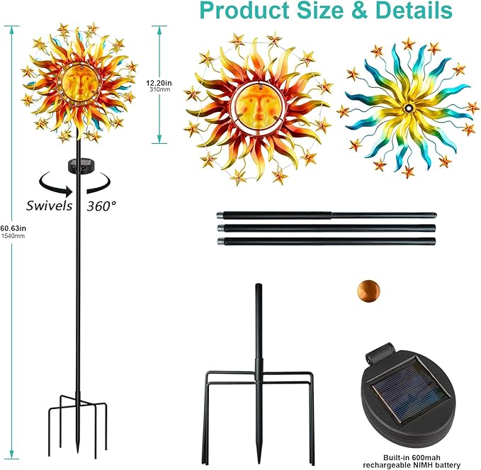 Solar Wind Spinner Metal Sun Decor, Wind Sculptures & Spinners 60.3 in Garden Kinetic Art with Solar Powered Vine String Shining LED Lights for Outdoor Garden Lawn Yard