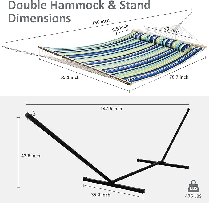 SUNCREAT Hammock with Stand 2 Person Heavy Duty, Freestanding Hammock with Spreader Bar, Soft Pillow, Green Stripes