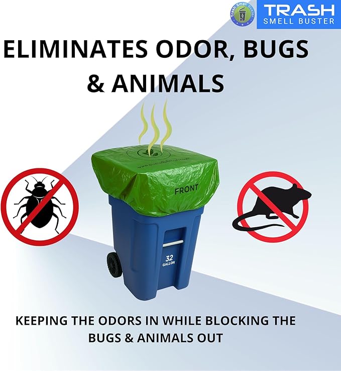 Trash Can Smell Eliminator Cover Odor Eliminating Bag with Optional Straps Lemon Scented Durable Chemical Free 32 Gallon 2 Pack