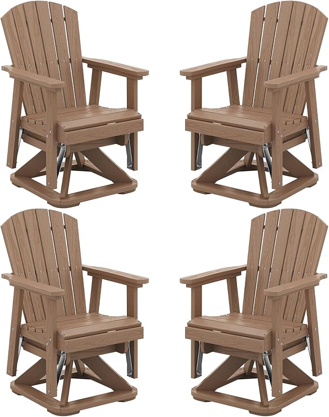 SERWALL Adirondack Swivel Glider Chair, HDPE Swivel Glider Set of 4 for Outdoor, All-Weather Glider Chair for Porch, Balcony, Wood Brown