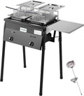 HOMIRA Iron Two-Tank Propane Deep Fryer with Thermometer, 2 Stainless Steel Baskets and Lids Fish Fryer with Adjustable Temperature Regulator, Outdoor Dual Fryer for Frying